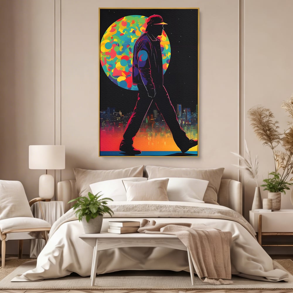 Tablou canvas cu tablou vertical cu silueta de barbat si oras, in rama de aluminiu auriu, pe perete intr-un dormitor